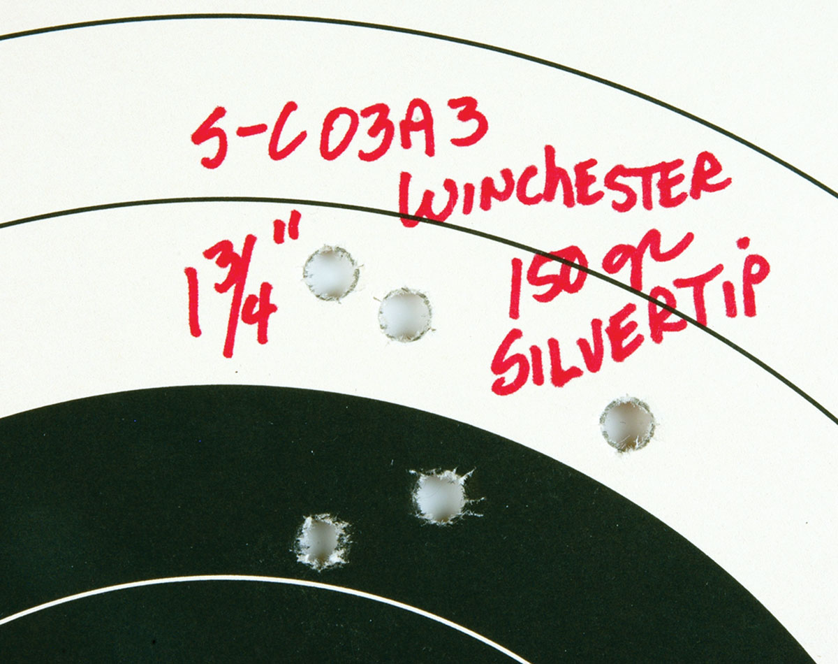 Mike believes that all versions of 1903 Springfields have good accuracy potential. His unaltered Smith-Corona Model 03A3 fired this 100-yard group with its iron sights.